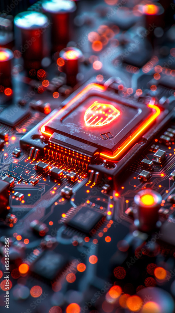 Poster futuristic security technology with shield icon on microchip and data flow across cpu on lit up moth