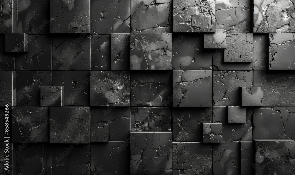 Poster futuristic high-tech dark background with 3d cube tile wall texture, offset square block structure, 