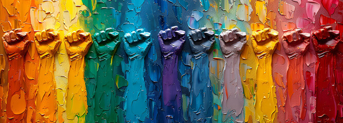Naklejka premium A painting of a raised fist with the rainbow flag behind it symbolizes diversity and freedom for all people.