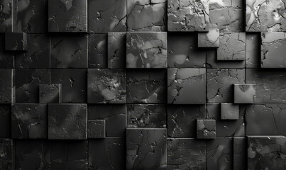 Futuristic High-Tech Dark Background With 3D Cube Tile Wall Texture, Offset Square Block Structure, Modern Geometric Abstract Design