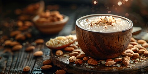 Fototapeta premium Homemade almond milk in a rustic bowl
