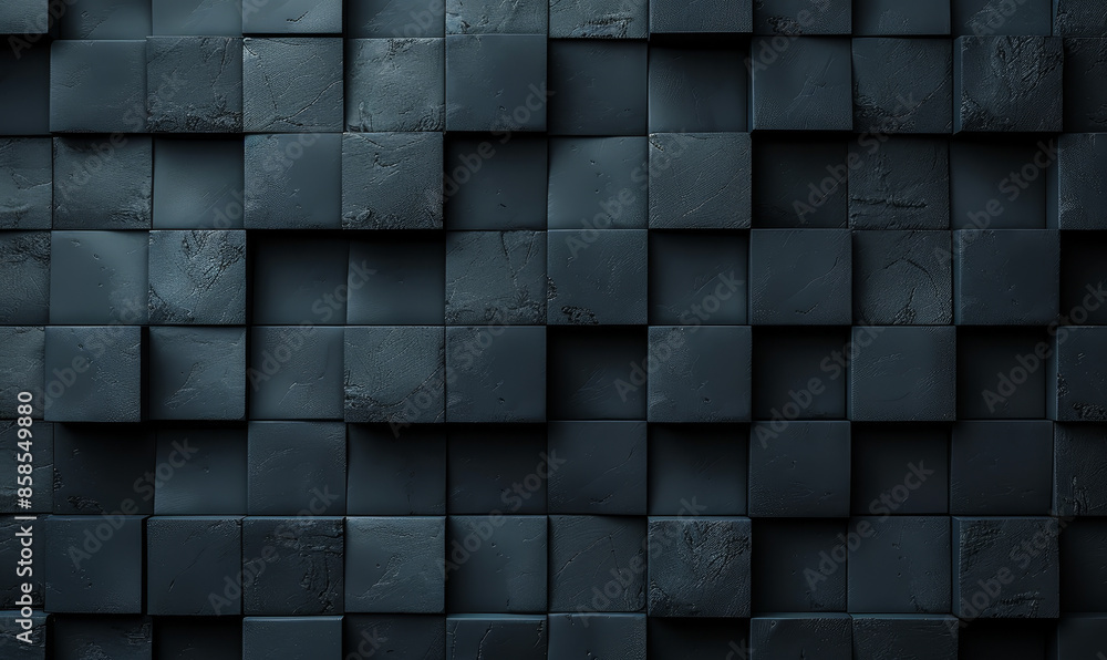 Poster futuristic high tech dark background with 3d cube tile pattern, offset square block structure for mo