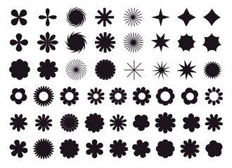 Collection of black brutal contemporary figure spiral flower star oval circle and other elements. Abstract minimal geometric elements shapes and grids set. Brutalist design. Vector illustration