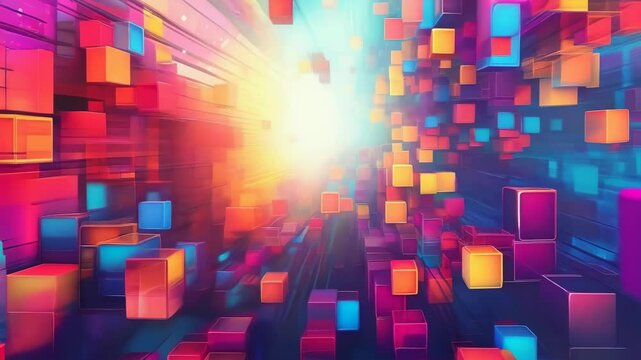 A colorful 3D abstract cyber world with floating cubes in various bright colors against a gradient light backdrop. The image showcases a futuristic, digital environment, highlighting vivid colors and