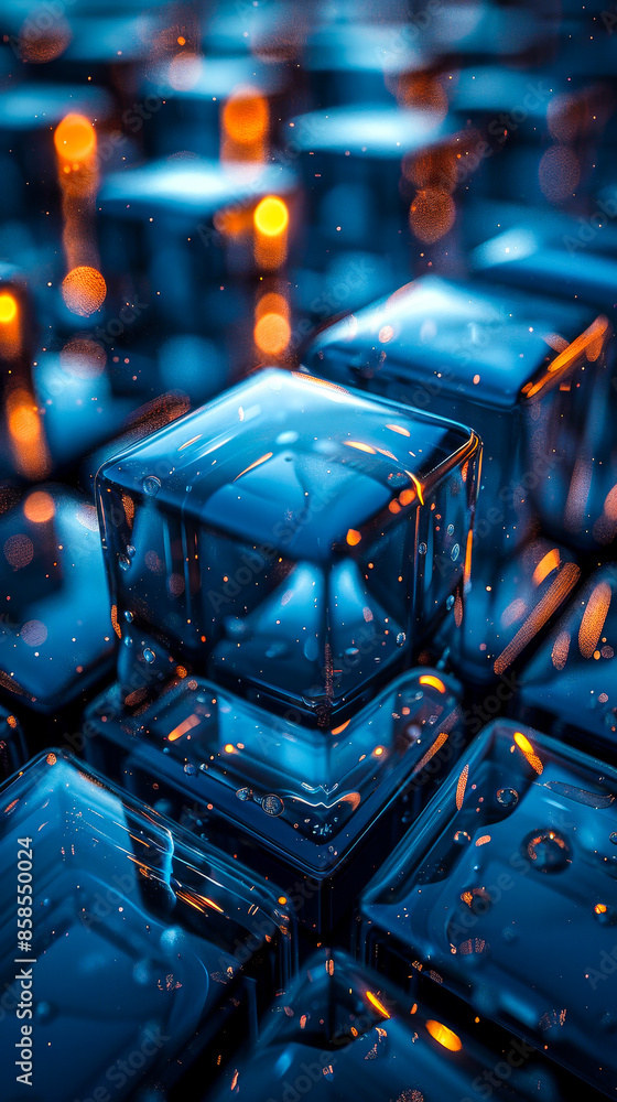 Poster perfectly aligned glossy blue cubes in modern tech 3d render. futuristic abstract background with sh