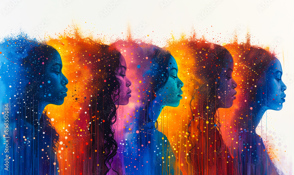 Poster vibrant abstract art of diverse unity: interlinked silhouettes with blue, orange, and purple in unit