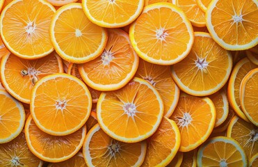 Freshly Sliced Oranges Arranged on Yellow Background