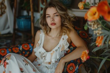 Fototapeta premium stylish woman model in a white dress on a background of flowers. florist, business owner