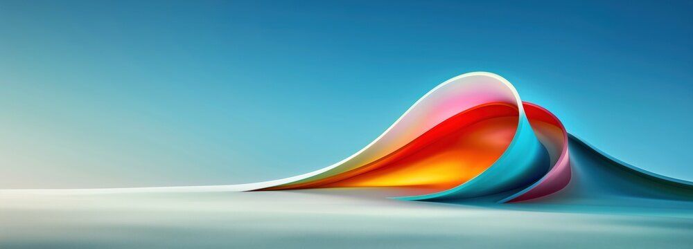 Abstract waves of colorful, flowing shapes against a serene blue sky. Modern art and fluidity concept with ample copy space.
