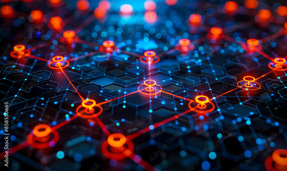 Aufkleber abstract digital connectivity network with glowing neon nodes and hexagonal grid pattern symbolizing