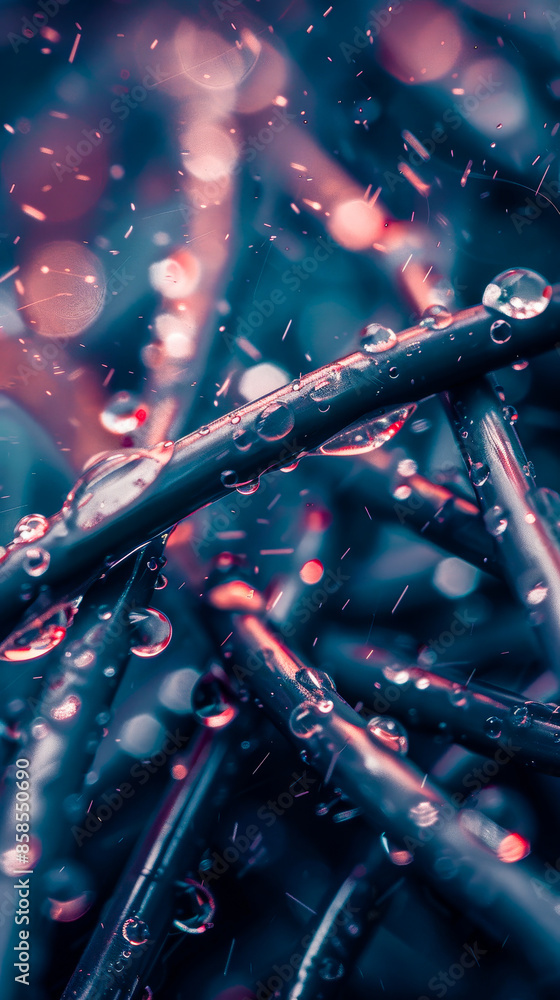 Poster abstract bokeh background of tangled wires with water droplets reflecting light in dark atmospheric 