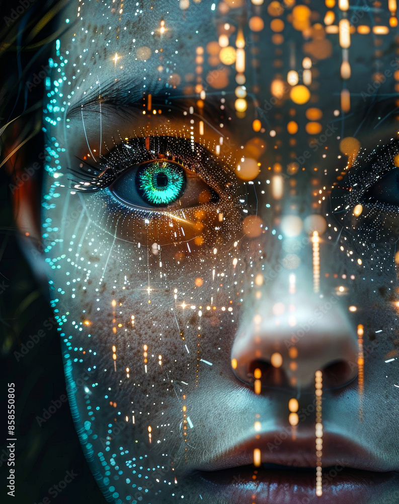 Poster digital human face fusion with artificial intelligence, technology-enhanced facial expressions illum