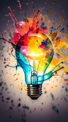 Vivid Light Bulb Innovation Concept with Exploding Colors Creative Design for Inspirational Ideas and Creativity Imagination Abstract Art Explosion