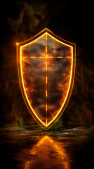 Vibrant Neon Light Shield Icon with Orange and Yellow Colors, Futuristic Cyber Protection Symbol Against Black Background, 3D Render for Technology Themes, Security and Defense Concept