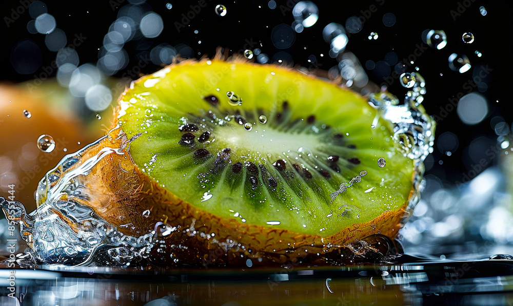 Poster fresh kiwi slice in dynamic water splash on black background - refreshing fruit concept for clean ea