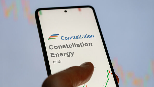April 09th 2024 , Baltimore, Maryland. Close up on logo of Constellation Energy on the screen of an exchange. Constellation Energy price stocks, $CEG on a device.