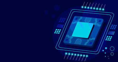 microchip processor on blue tech abstract background reflecting big data, cloud computing, network, artificial intelligence, science, web, etc concept. futuristic background