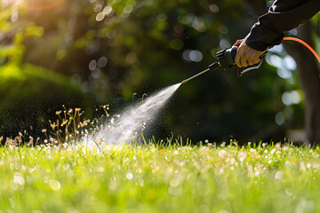 A person spraying a yard with a disinfectant