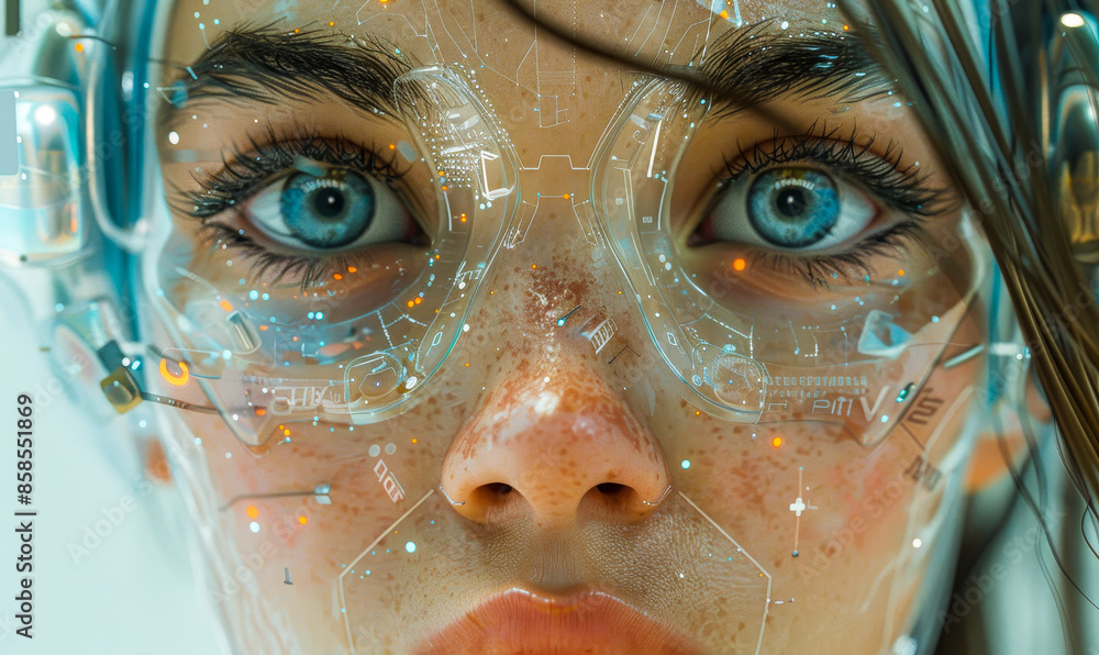 Poster futuristic human face with advanced ai technology interface, blending emotions and high-tech element