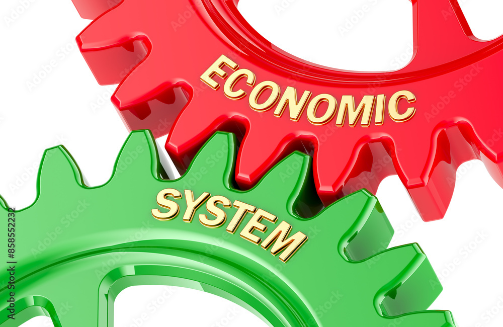 Poster economic system concept, with colored gearwheels. 3d rendering isolated on transparent background