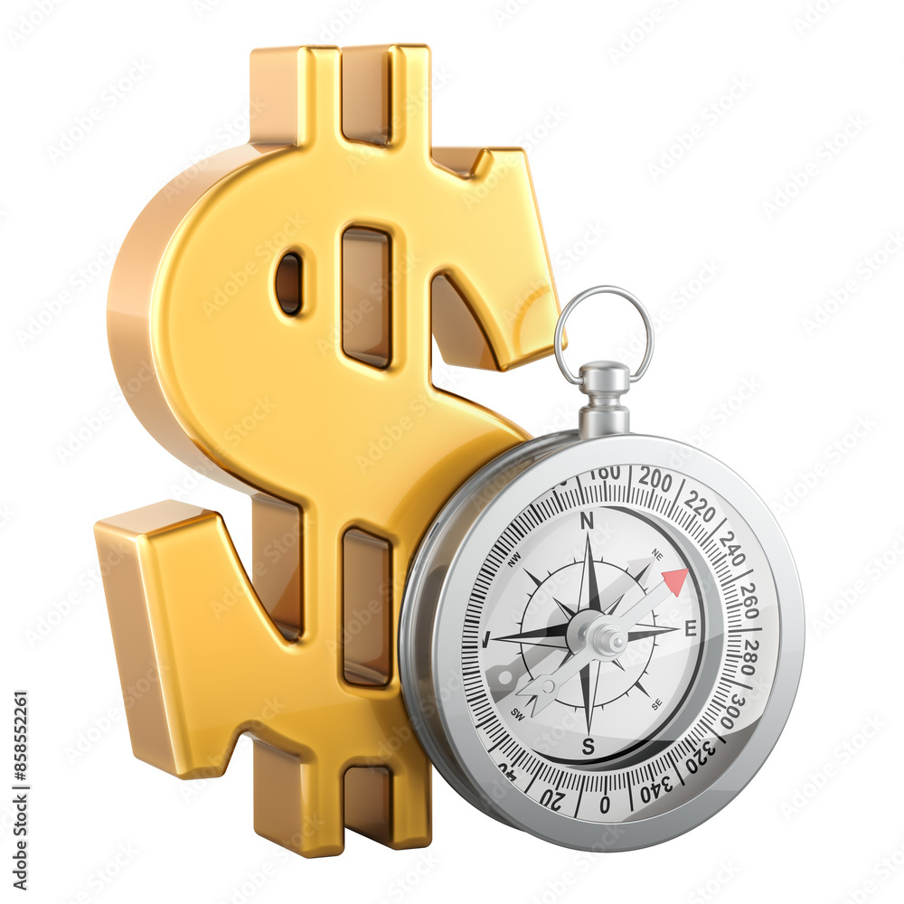 Poster dollar symbol with compass, 3d rendering isolated on transparent background