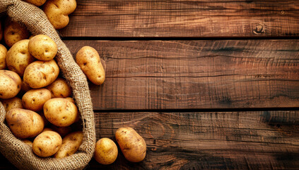 Sack of fresh potatoes spilling onto a rustic wooden table. The earthy tones of the potatoes and the textured burlap sack complement the rich wood grain background