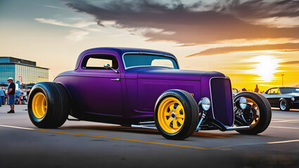 beautiful old timer hot rod vintage purple car at sunset, transport and vehicles, automotive background, auto mock up