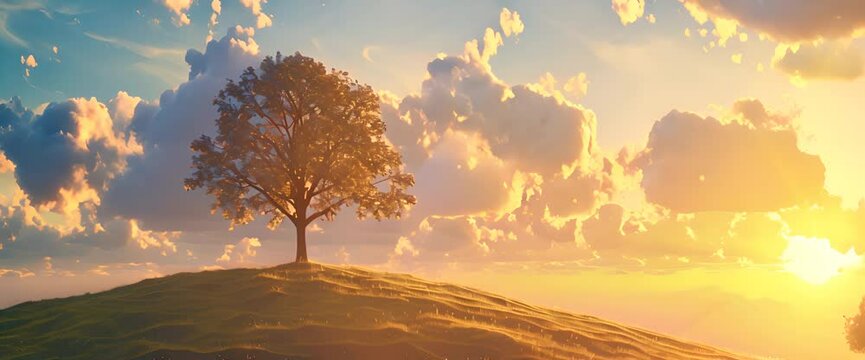 Landscape of trees on a wide plain over a mountain, sunset with high orange and yellow clouds