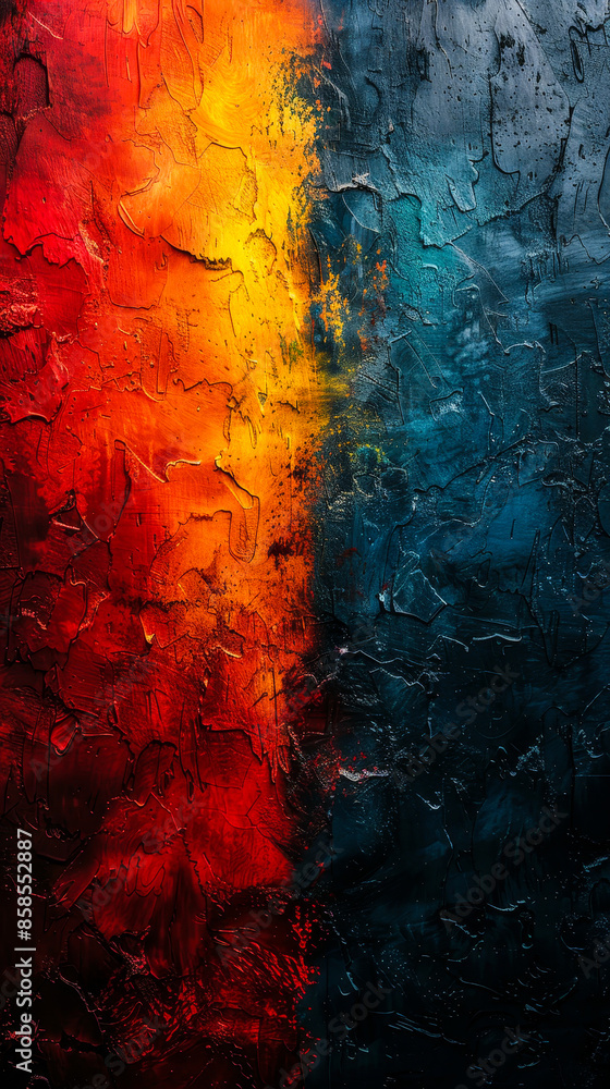 Poster grungy pixelated grainy abstract background with vibrant red and yellow textures blending into dark 