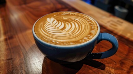 Blue cup with latte art on table