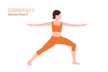 Woman in orange outfit in a yoga pose. Female cartoon character demonstrating various yoga positions isolated on light background. Colorful flat illustration for spiritual, yoga, sport, social media.