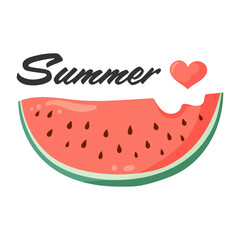 Watermelon slice with vibrant green rind and red flesh with black seeds with small heart and Summer lettering. Flat vector illustration for postcard, greeting card, invitation, seasonal print, poster.