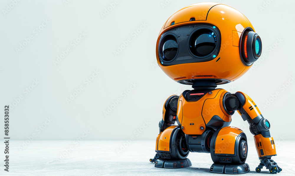 Poster playful cute and happy toy robot android 3d rendering in bright setting morning mood joyful tech con