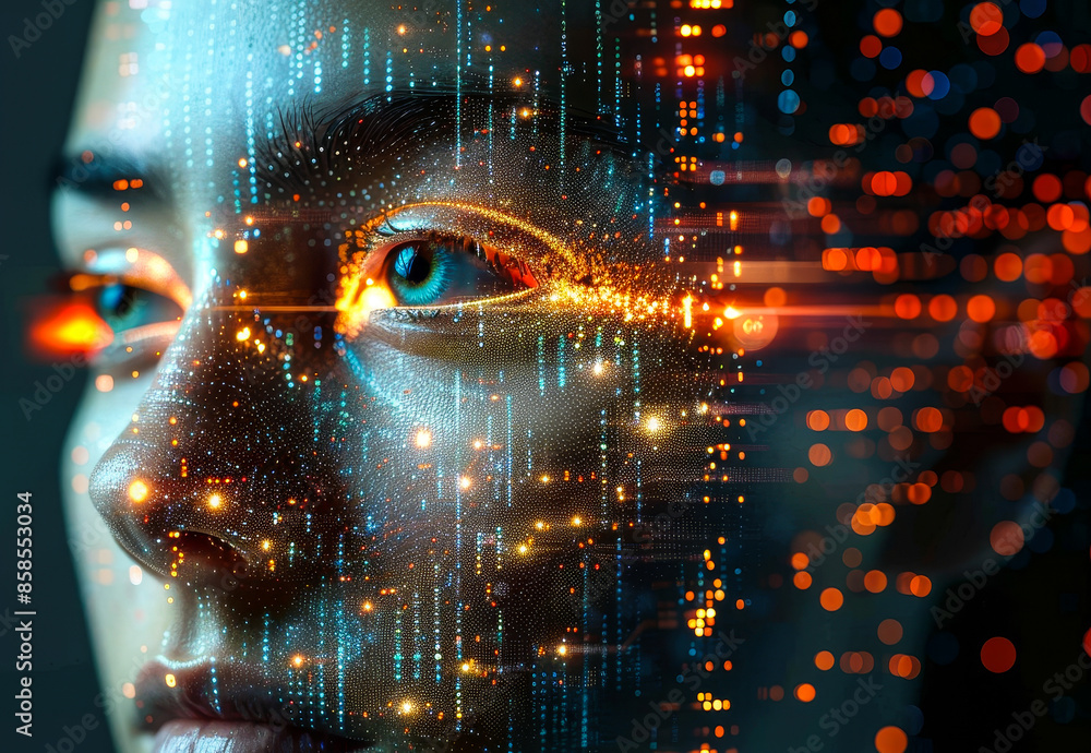 Poster human face merging with ai technology in cybernetic art, expressing emotions through digital enhance