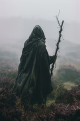 Mysterious Hooded Figure with Staff Wanders Misty Moor in Dark Fantasy