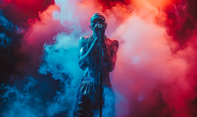 Obraz premium Dynamic Hip Hop Rap Artist Performing Live at Night Concert with Vibrant Pink and Blue Smoke on Stage