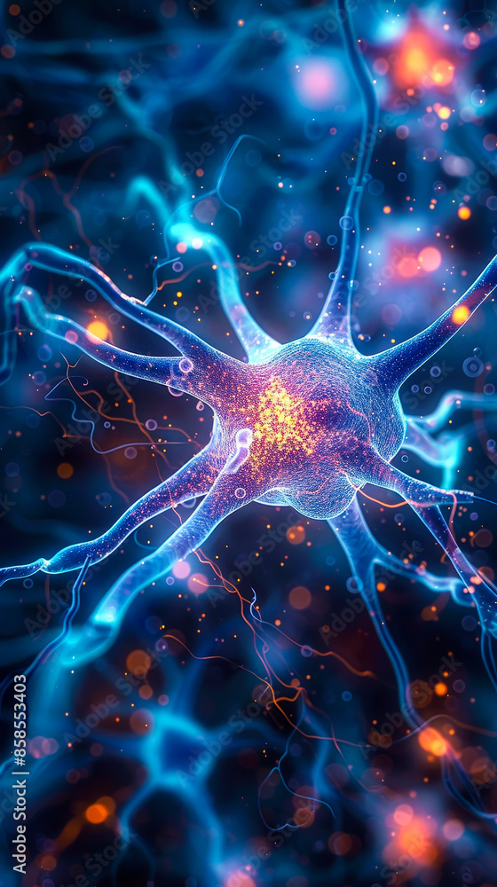 Poster close-up of vibrant intertwined neurons and dendrites - intricate neural network activity concept de