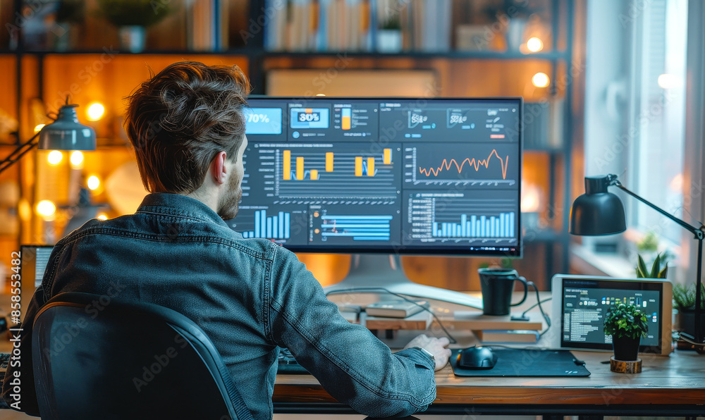 Poster financier analyzing financial data on desktop computer in modern creative office with charts, graphs