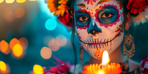 Woman dressed as Catrina. Mexican Day of the Dead costume and ornaments. She holds a candle, for offering