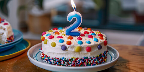 Decorated birthday cake with various colors and candle with the number two to celebrate a birthday or anniversary