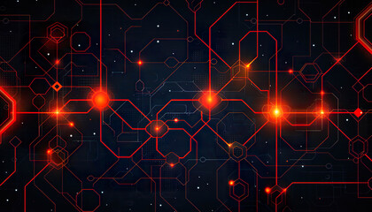 Abstract digital network glowing red lines and nodes on black background. Generated by AI.