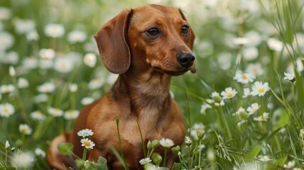 Cute dachshund sitting in meadow with white flowers depicting obedience