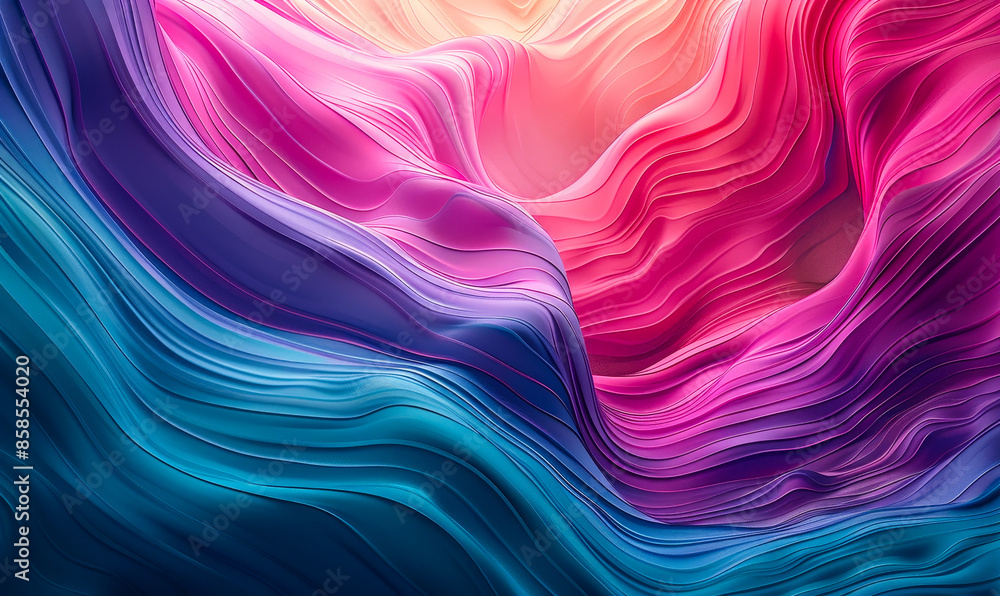 Poster abstract 3d render with organic undulating forms in trendy pink and blue tones, fluid wave-like stru