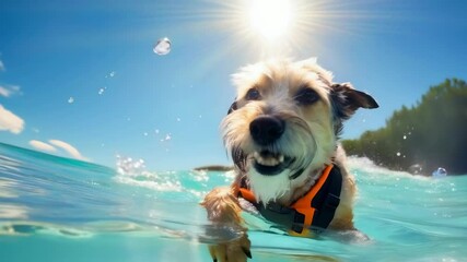 A playful dog, likely young, swims in a pool wearing a bright orange life jacket on a sunny day. The dog's expressions reflect joy and enthusiasm as the sun shines brightly overhead.