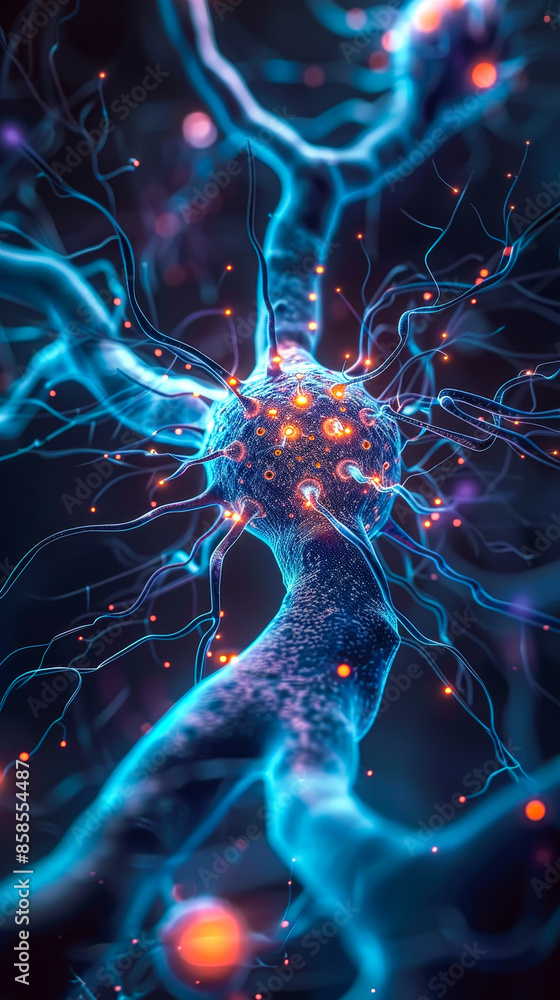 Poster futuristic neural network with glowing bioluminescence conceptualizing brain and ai direct interface