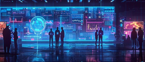 Silhouettes in a futuristic digital environment, with neon lights and holographic screens, portraying a high-tech, cyberpunk setting.