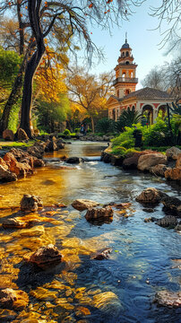 Scenic Autumn Stream in Turia Gardens with Historic Building Under Bright Daylight, Valencia, Spain - Tranquil Landscape and Serene Nature Setting