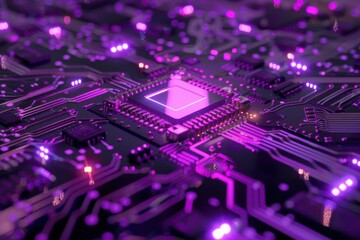 Obraz premium Close-up of a computer circuit board with glowing purple lights, representing advanced technology and electronic components.