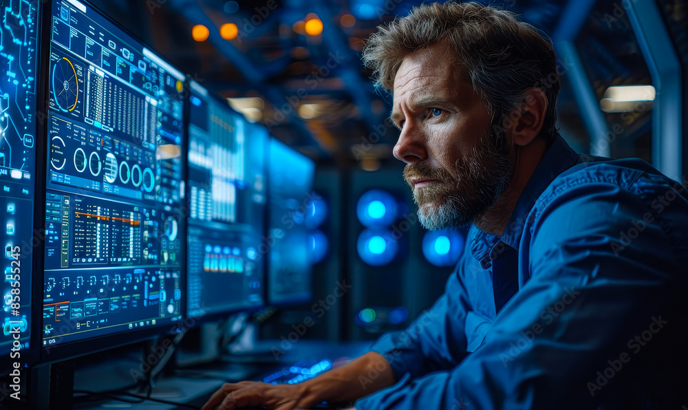 Poster it specialist working on computer code interface in data center, nighttime technical room with monit
