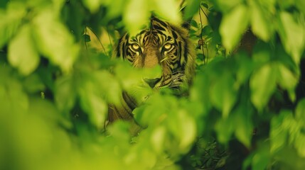 A tiger peeking out from behind a tree in the woods, AI